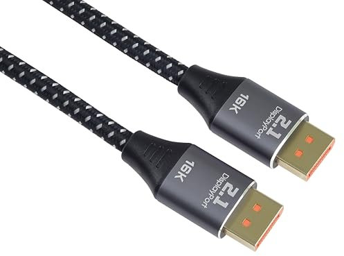 PremiumCord 16K DisplayPort 2.1 Kabel M/M, Stecker auf Stecker, 80Gbps, Video 16K@60Hz, 10K@60Hz, 8K@165Hz 2160p, HDCP 2.2, Vergoldete Anschlüsse, Textilkabel Geflecht, Länge 1,5 m