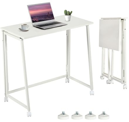 MEUBLE Cosy Klapptisch mit Rollen Kleiner Klappbarer Schreibtisch Laptoptisch aus Holz und Metall Computertisch fürs Büro, Wohnzimmer, Home Office, Skandinavisch Style, Weiß