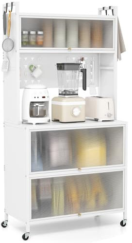 COSTWAY Küchenschrank hoch, Küchenregal mit Rollen, Buffetschrank mit Klapptüren, Stecktafel, Haken & Kippschutz, Standregal Hochschrank, für Küche Esszimmer Wohnzimmer, 80 x 40 x 160 cm (Weiß)