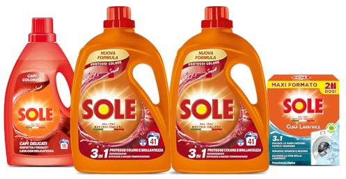 Kit Sole, Detersivo Lavatrice Liquido Proteggi Colore 82 lavaggi (2x41), 1 Falcone di Detersivo per Capi Colorati Delicati, 1 confezione di Cura Lavatrice, contro sporco e cattivi odori (2x250 ml)