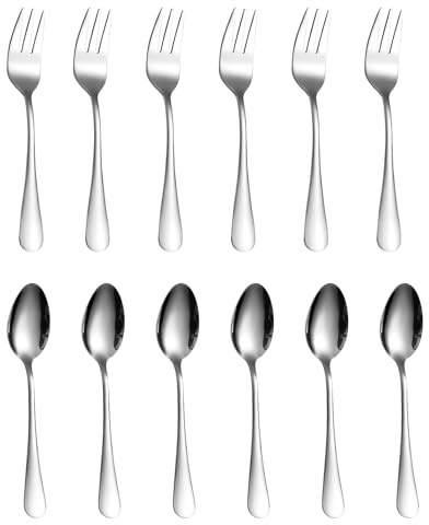 Juego de 12 Cubiertos de Acero Inoxidable,6 Cucharas y 6 Tenedores, Acero Inoxidable 410 para Frutas y Cucharaditas de Café para El Hogar, Bodas, Fiestas