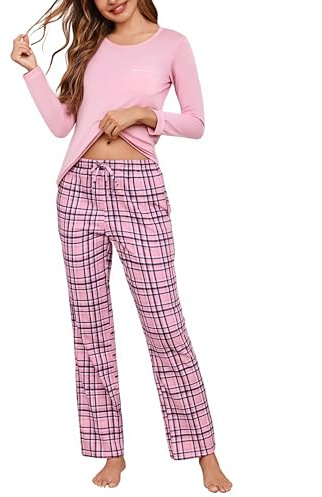 Irdcomps Pyjamas för Kvinnor Vinter Bomull Pyjamas Vinter Lätt Lång Tvådelad Set Långärmad Rund Hals Rutig Rund Hals Med Fickor