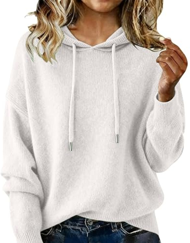 Långärmade tröjor för kvinnor huvtröja mysig lätt pullover, mjuk stickad huvtröja kashmirtröjor höst vinter toppar, Vitt, 3XL