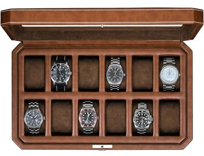ROTHWELL 12 Slot Leather Watch Box - Luxury Watch Case Display Organizer, Microsuede Liner, Locking Mens Jewelry Watches Holder, Men's Storage Boxes Holder Large Glass Top (Tan/Brown)