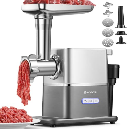 AAOBOSI Tritacarne elettrico, silenzioso, 3000 W max con motore DC, solo 60 dB, ritorno automatico e tappo riponibile, 3 livelli di velocità, per tritare, fare salsicce e kibbe, per uso domestico