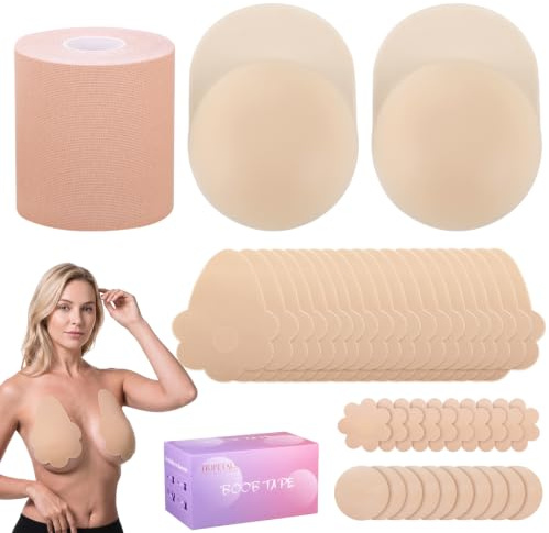 Tripetals Soutien Gorge Adhesif Set 4-en-1 Boob Tape Scotch Poitrine Femme Bande Remonte Sein Adhesif Cache Tetons Invisible Silicone Boobstape Push Up pour Petite et Grosse Poitrine