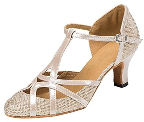 MINITOO Dam latinsk salsa T-rem stängd tå syntetisk balsal dansskor kväll bröllopspumpar, Th101 Champagne 6 cm klack, 40 EU