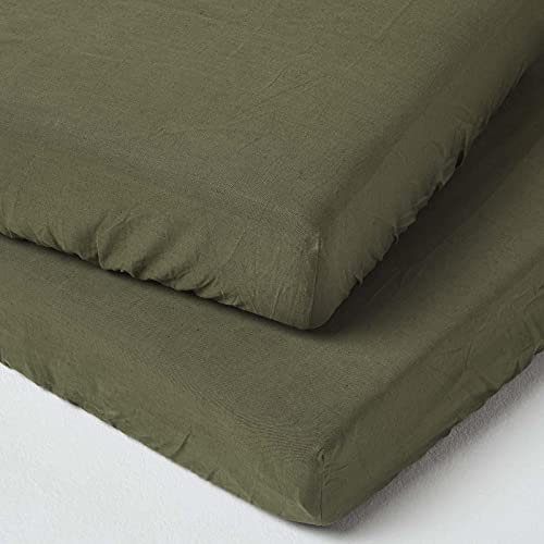 HOMESCAPES 2er-Set Leinen Spannbettlaken für Babybett 60x120 cm olivgrün, Halbleinen Spannbetttücher aus 60% Leinen & 40% Baumwolle