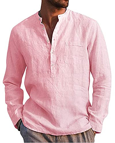 LVCBL Mens Casual Cotton Shirt Long Sleeve Band Collar Henley Shirt Tops