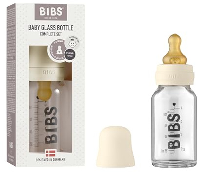 BIBS Baby Glass Bottle. Anti-Colic. Round Natural Rubber Latex Teat. Supports Natural Breastfeeding, Complete Set - 110 ml, Ivory
