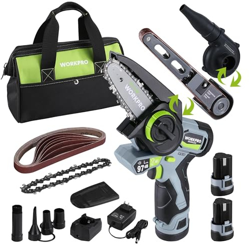 WORKPRO Cordless Detail Belt Sander, Mini Chain Saw, Electric Blower, 3-in-1 Power Tool Combo Kit, 12V, Powerful Brushless Motor, with 2 Batteries, Fast Charger and Storage Bag