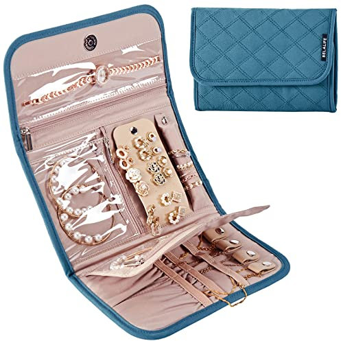 BELALIFE Custodia organizer per gioielli da viaggio, rotolo pieghevole per orecchini, collane, anelli, bracciali, spille, blu lago