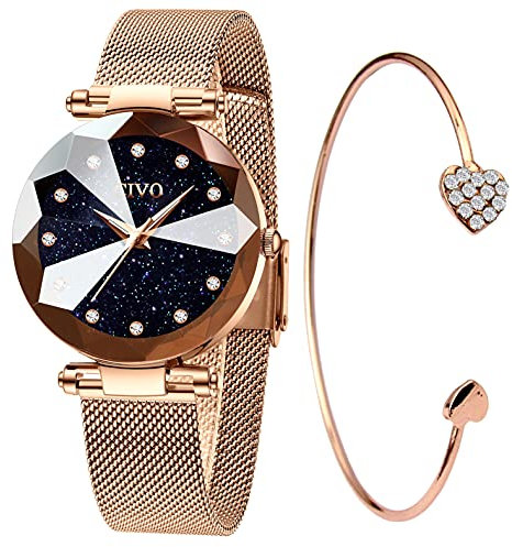 CIVO Damen Uhr Wasserdicht Sternen Armbanduhr Elegant Beiläufig Quarzuhr für Damen Rosegold