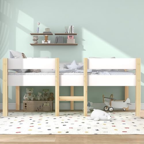 KOMHTOM Lit d'enfant en Mezzanine avec Clôture de Sécurité et Rangement sous lit,Cadre de lit avec Sommier à Lattes en Bois(sans Matelas) (90x190CM)