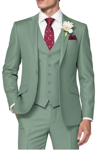 HUUTOE Costume 3 pièces élégant pour Homme, Type Smoking, Coupe ajustée, avec Blazer, Gilet et Pantalon, pour l’été, Mariage, Bal de Fin d'année, Affaires, Vert Sauge, Taille XL