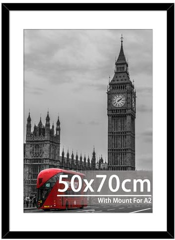 Tinkeps 50x70cm Black Frame - Engineered Wood and Plexiglass, Picture Frames 50cm x 70cm with A2 Mount for 50x70cm/A2 Prints, Photos, and Posters, Wall Mountable - Poster Frames 50 x 70cm