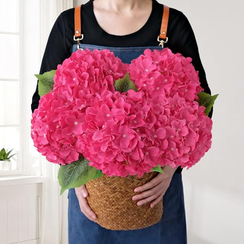 JINWOE hortensior i siden, konstgjorda blommor, fem st, 50 cm, känns äkta, fylliga hortensior med stjälkar för bukett, bord, bordsdekoration, hem (fuchsiarosa)