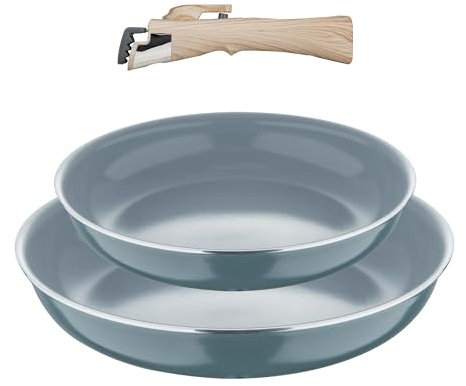 BERGNER – Set 2 pezzi Sartén (22 + 26 cm) con mango Desmontable – Aluminio Prensado – Revestimiento Interior Gris – Inducción Compatible – Verde