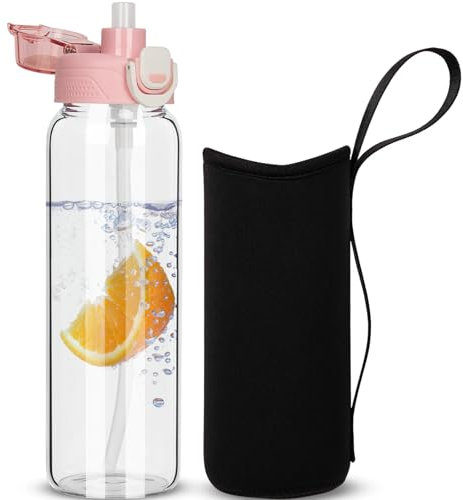 DEARRAY 0.8l Trinkflasche Glas Flasche mit Strohhalm 800ml Glasflasche mit Schutzhülle, Auslaufsicher BPA frei Wasserflasche für Sport, Smoothie, Früchte Kohlensäure geeignet
