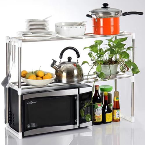 BAKAJI Mensola Salvaspazio Porta Microonde in Acciaio Estensibile, Scaffale da Cucina Allungabile con Ripiano Portaspezie, Mobile Estendibile con Ganci e Piedini Antiscivolo, Design Moderno
