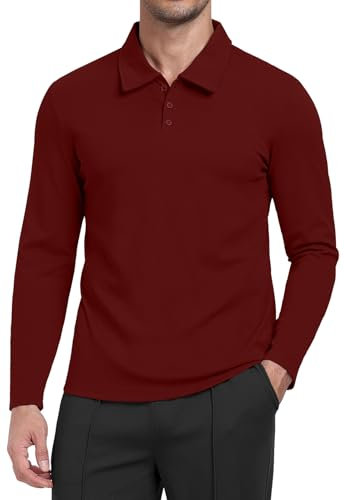 MLANM Premium Men's Golf Polo Shirt Button Down Collar Long Sleeve Tops XL Wine Red