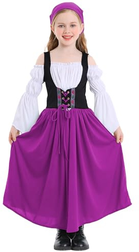 SEAUR Vestido tirolés para niña para Oktoberfest bávaro, vestido tirolés con blusa y pañuelo triangular, vestido tradicional tradicional tirolés para niños, hombros descubiertos, mangas acampanadas,