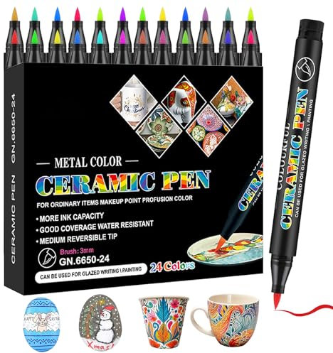 BOUFEIDA 24 Farben Keramik Bemalen Set, Porzellanfarbe Spülmaschinenfest, Schnell Trocknend Wasserfester Acrylmarker für Tassen Keramik Glas Mustern und Designkreationen Auf