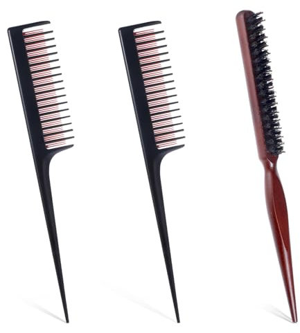 TIESOME Sleek Bun Bürste, Toupierbürste mit Wildschweinborsten, Toupierkamm für Langes, Dickes, Lockiges, Welliges, Trockenes oder Geschädigtes Haar, Haarbürste für Sleek Look, 24cm, Braun/Schwarz