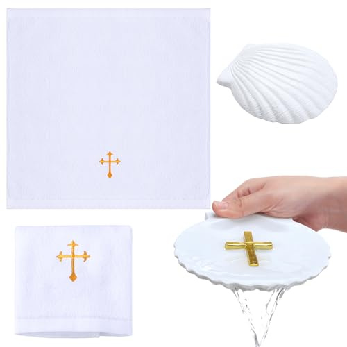 SmoothNovelty Baptism Towel Shell Set for Boys Girls Baptism Towel with Shell Set Baptismal Cloth Christening Towels with Embroidery Cross Baptismal Shells Gifts for Christening Party Favors(Gold)