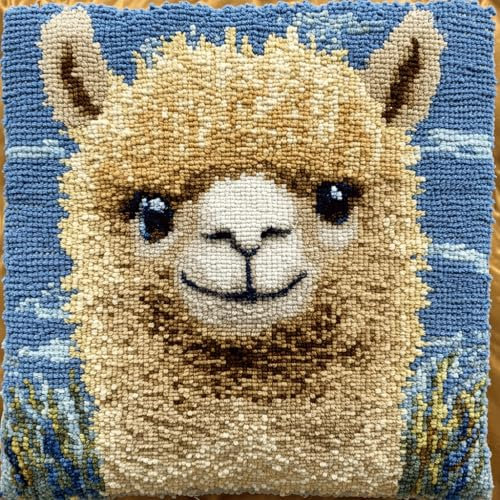 ASONGLINGO Knüpfkissen-Set, knüpfkissen knüpfset, Knüpfsets, Diy, Handgefertigtes Kissen, Häkelgarn, Stickset, Kissenbezug 43x43cm(Tier Alpaka)