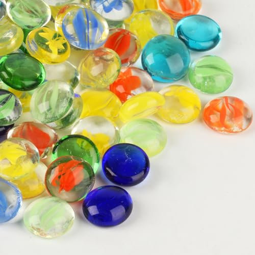 800 g (Environ 200 Pièces) Pierres Précieuses en Verre, Billes de Verre Colorées, Galets de Verr Platese Décoratives pour Remplir des Vases Aquarium Arts et Artisanat Jardin Maison(15 - 20 mm)
