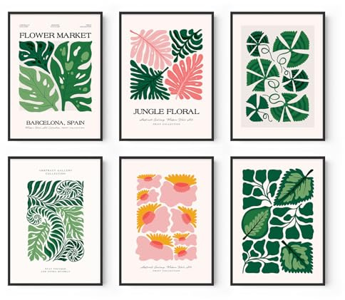 Modern abstrakt botanisk konstaffisch | Papperstryck utan ram (6 st 20 x 30 cm), växtkonst blommigt blad vägg collage kit affischer heminredning