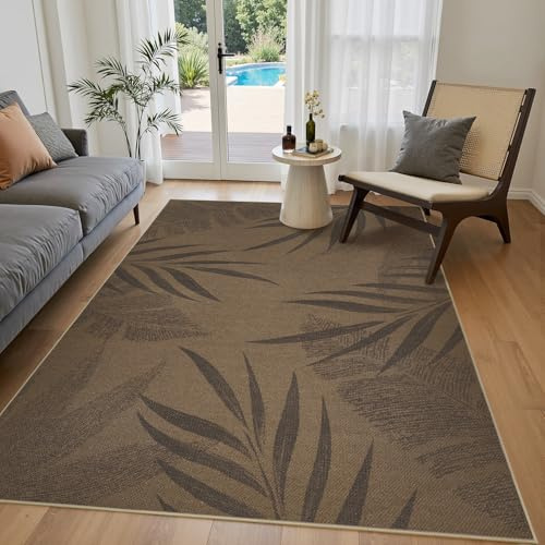 SIXHOME 120 * 180cm Jute Teppich Waschbar Rutschfester Teppich Wohnzimmer Modern gewebt für Eingangsbereich Terrasse Balkon Garten Küchenteppich Blätter-Brown