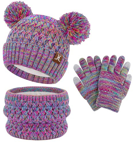 ZASFOU Niño Niña Niño Invierno Sombrero Gorro Bufanda Guantes Pantalla Táctil Conjunto 2 3 4 5 6 7 Años Punto Pom Gorros Forro Polar Gorra Calentador Cuello Guante Regalos Niñas Niños, rosa morado