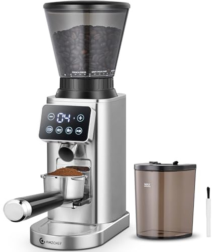 AMZCHEF Electric Coffee Grinder, Burr Coffee Grinders for Home Use, 48 Precise Grind Setting, LED Control Panel, Detachable Portafilter Holder, Matte Silver