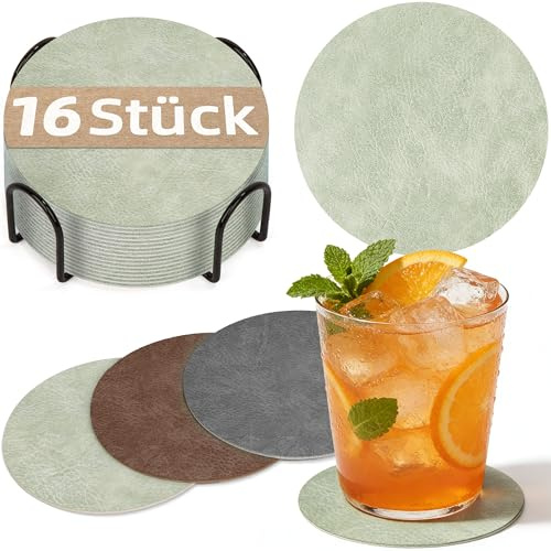 HELI MIAO 16 Stück Untersetzer Gläser, Doppelseitige Glasuntersetzer aus Kunstleder – Rund, rutschfest & hitzebeständig – Inkl. Aufbewahrungsständer (10cm, Hellgrün+beige) – Für Tisch, Bar, Outdoor