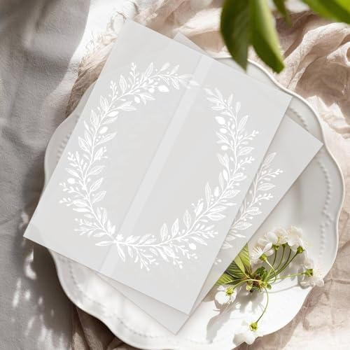 50 Pack Pre-Folded Vellum Jackets for 5x7 Invitations, Translucent Wedding Invitation Sleeves, White Floral Vellum Wraps – Leaf Wreath