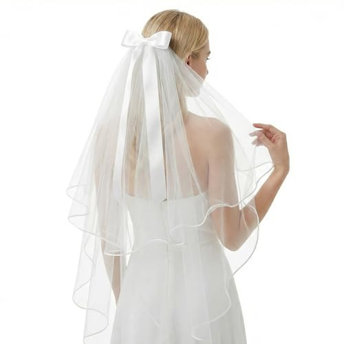 Bridal Veil, White Bride Veil Short 2-Tier with Satin Bow Wedding Veils for Bachelorette Party Bridal Shower First Communion