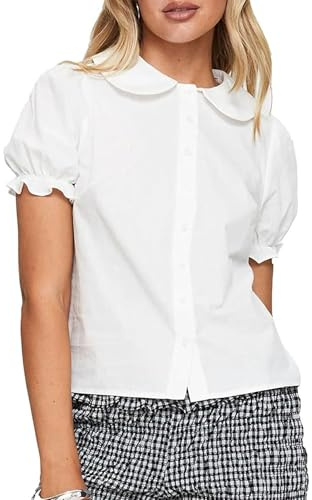 Women's Basic Button Down Shirts Peter Pan Collar Slim Fit Solid Color Short Sleeve Blouse Y2k Summer Shirt Tops