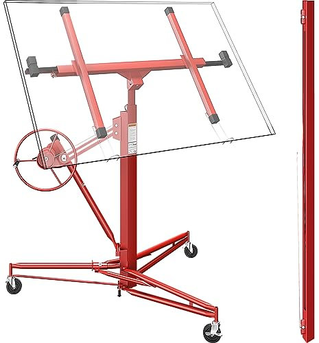 Wiltec SET XXL Plattenheber bis max. 68 kg + 140 cm Verlängerung, Höhe 140-465 cm, max. Breite 2,90 m, Montagehilfe für Trockenbau, Paneelheber mit 3 Rädern, rot