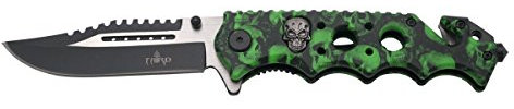 THIRD Coltello pieghevoli 17141V 17141V Mango Alluminio Camo Rivestimento Modello Cranio Verde, Fori nel Mango e Cranio. Lama 10 cm, attrezzo da Campeggio per la Pesca, Caccia, attività Sportive