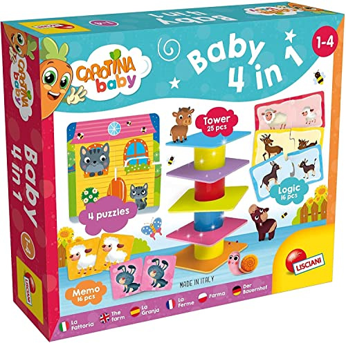 Lisciani - CAROTINA BABY - 4-in-1 Lernspielset für Kinder von 1 bis 4 Jahren: Balancier-Turm, 4 Puzzle, Memo, Logikspiele - Thema Bauernhof & Tiere - Fördert Lernen & Entwicklung - Geschenkidee