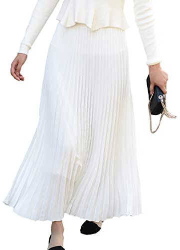 Lunga Gonna da Plissettata Donna Gonna di Pieghe Vita Elastica Solida Colore Maxi Gonne Bianco L