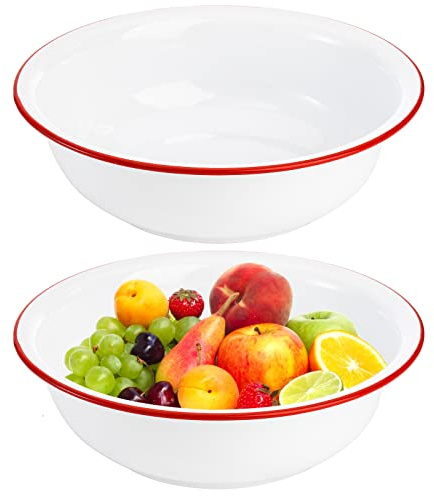 Elsjoy 2 Pack 28cm Enamel Bowl, 3 Quart Large Enamel Mixing Bowl White Enamelware with Red Rim, Vintage Enamel Soup Basin for Fruit, Salad, Pasta, Dinner