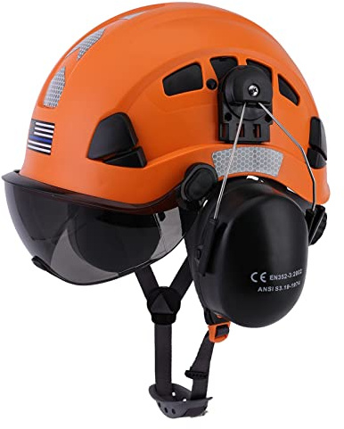 LOHASTAR Safety Helmet Hard Hat Vented ANSI Z89.1 Approved Work Hardhat for Forestry Chainsaw Arborist Tree Logging Helmet(Orange+Tinted Visor+Earmuff)