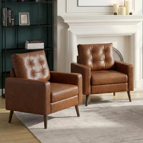 Wahson Mid Century Modern Armchairs Set of 2, Button Tufted Faux Leather Accent Chair with Armrests for Living Room, Bedroom, Office, Caramel Brown