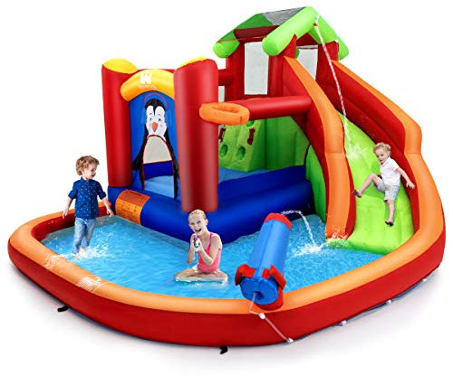 COSTWAY Hüpfburg mit Rutsche, Kletterwand, Planschbecken, Wasserkanone & Basketballring, Wasserpark zur Nass- & Trockenanwendung, inklusive Reparaturset, Tragetasche, 370 x 300 x 190 cm, Rot