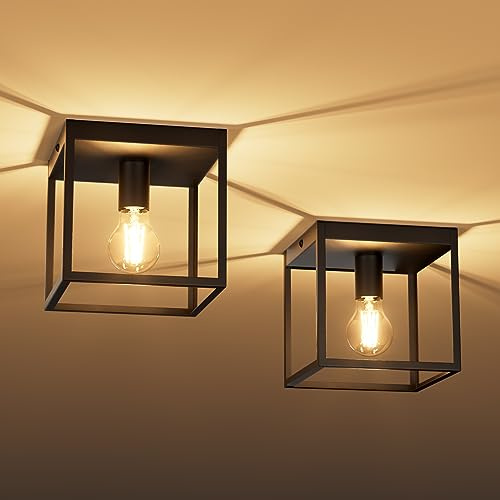 Klighten 2 Piezas Lámpara de Techo de Interior Vintage, E27 Retro Industrial Luce de Techo Cuadrado, Negro Iluminación de Metal Techo Para Pasillo, Dormitorio, Comedor, Cocina(Bombilla no Incluida)