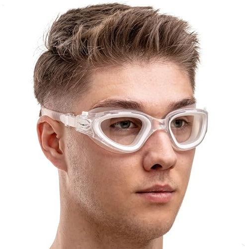 AqtivAqua Lunettes de Natation Lunettes Piscine Enfants Adultes Femme Homme DX-C (Blanc Transparent, Étui Argent, Verre Teinté)