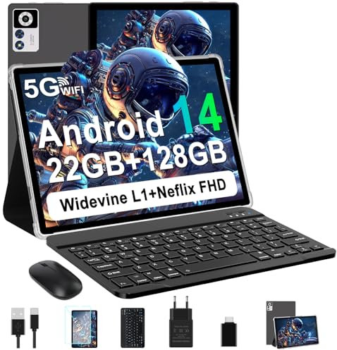 ZIOVO 10 Pulgadas Android 14 Tablet, 22GB RAM+128GB ROM (TF 1TB), 8000mAh, 5G WiFi, Widevine L1/Octa-Core/8+5MP, Tablet 2 en 1 con Teclado y Ratón- Negro